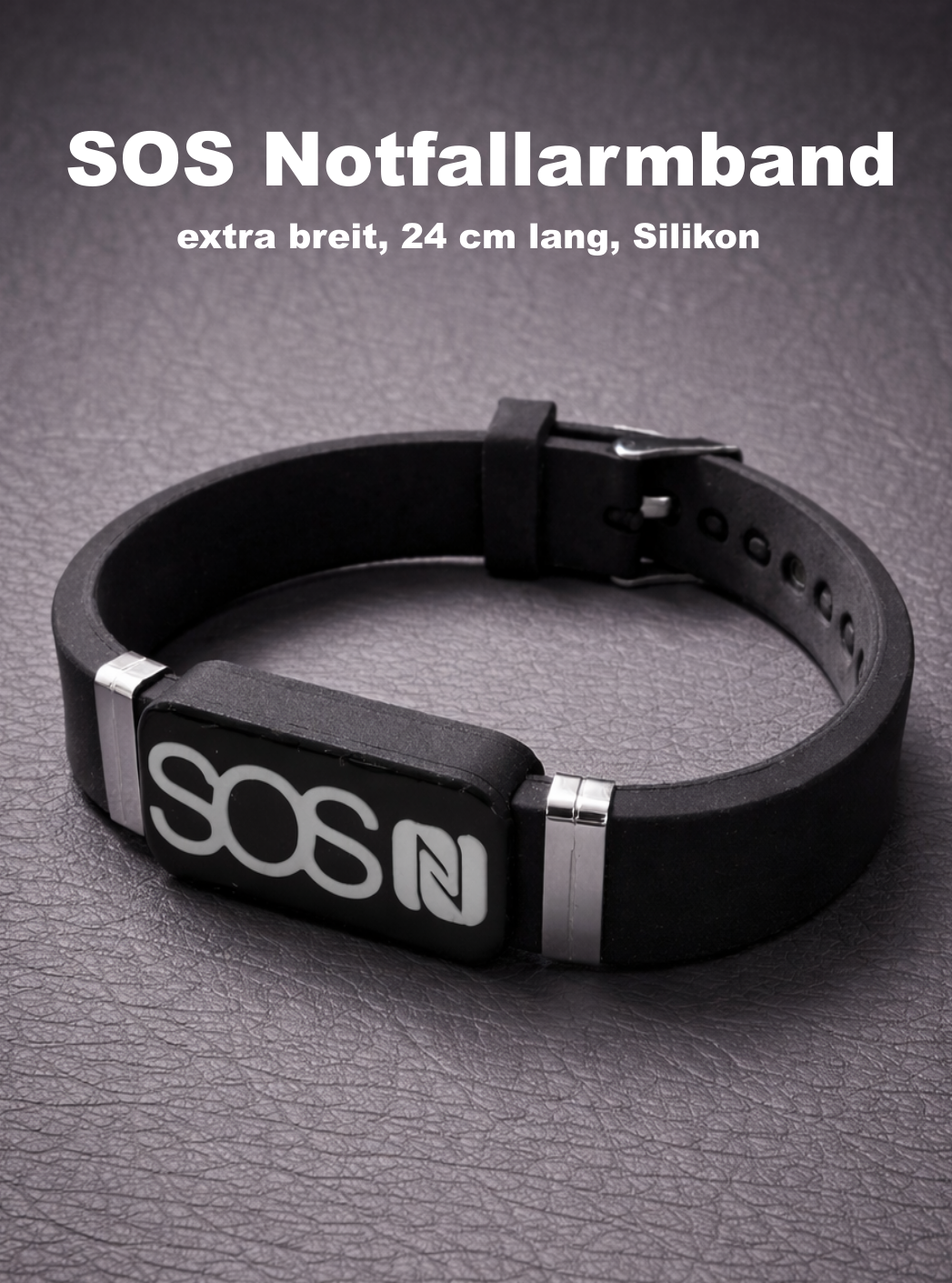 A06 - SOS NFC Notfallarmband extra breit & 24 cm lang Silikon mit Edelstahlverschluss
